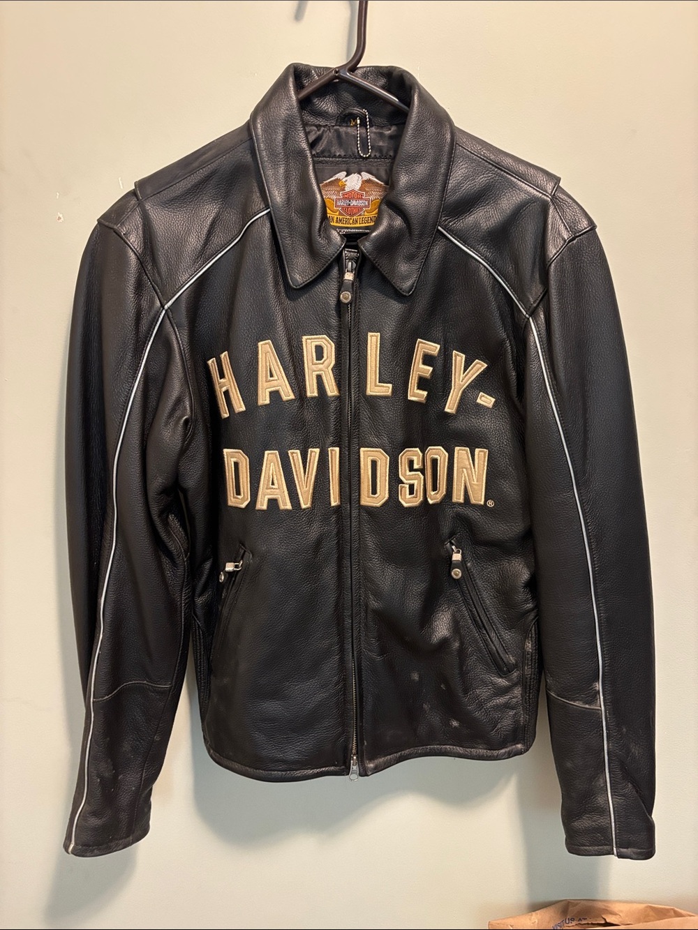Harley-Davidson Black Leather Jacket with Tan Lettering